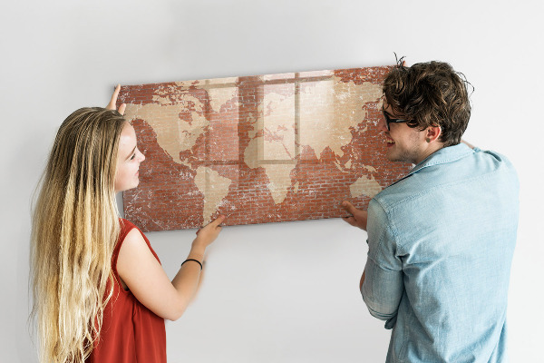 Decoratief glazen wandbord beschrijfbaar en magnetisch Wereldkaart met fotolocaties