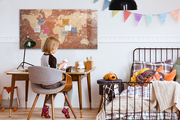 Decoratief glazen wandbord beschrijfbaar en magnetisch Wereldkaart met fotolocaties