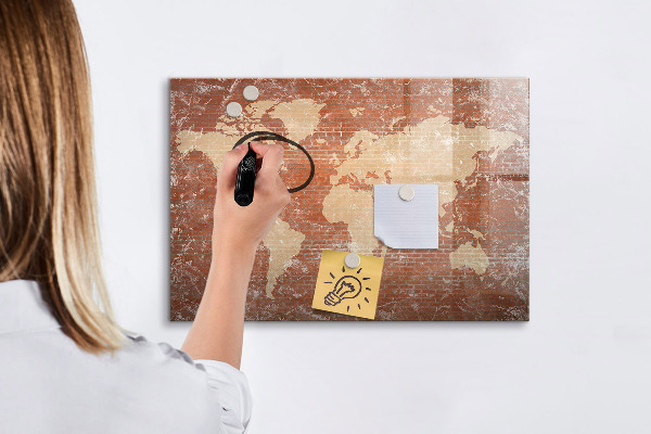 Decoratief glazen wandbord beschrijfbaar en magnetisch Wereldkaart met fotolocaties