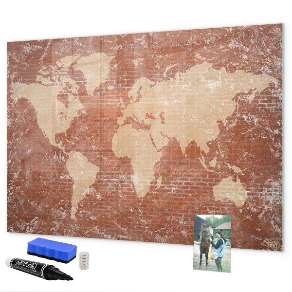 Decoratief glazen wandbord beschrijfbaar en magnetisch Wereldkaart met fotolocaties