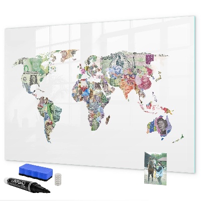 Memobord van glas met print inclusief neodymium magneten Een wereldkaart met persoonlijke herinneringen.