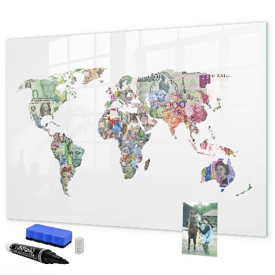 Memobord van glas met print inclusief neodymium magneten Een wereldkaart met persoonlijke herinneringen.