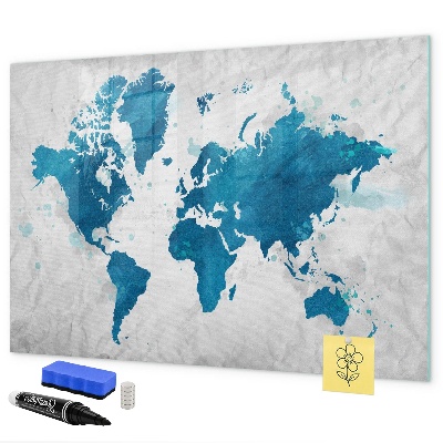 Decoratief glazen wandbord beschrijfbaar en magnetisch Wereldkaart met persoonlijke foto's