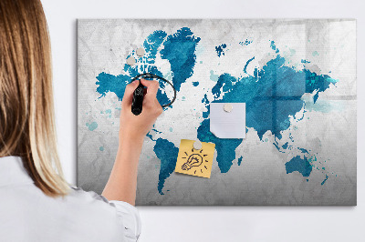 Decoratief glazen wandbord beschrijfbaar en magnetisch Wereldkaart met persoonlijke foto's
