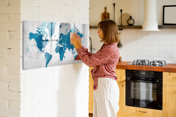 Decoratief glazen wandbord beschrijfbaar en magnetisch Wereldkaart met persoonlijke foto's