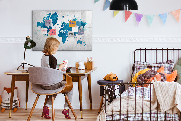 Decoratief glazen wandbord beschrijfbaar en magnetisch Wereldkaart met persoonlijke foto's