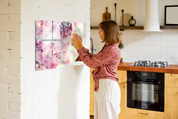 Decoratief glazen wandbord beschrijfbaar en magnetisch Bloemencollage met foto's en notities