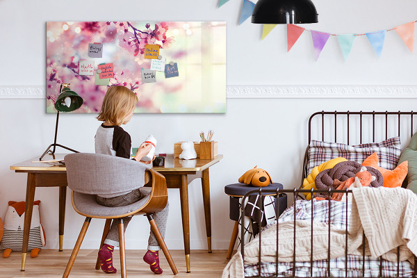 Decoratief glazen wandbord beschrijfbaar en magnetisch Bloemencollage met foto's en notities