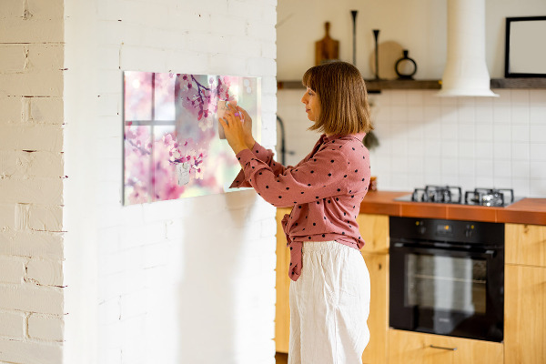 Decoratief glazen wandbord beschrijfbaar en magnetisch Bloemencollage met foto's en notities