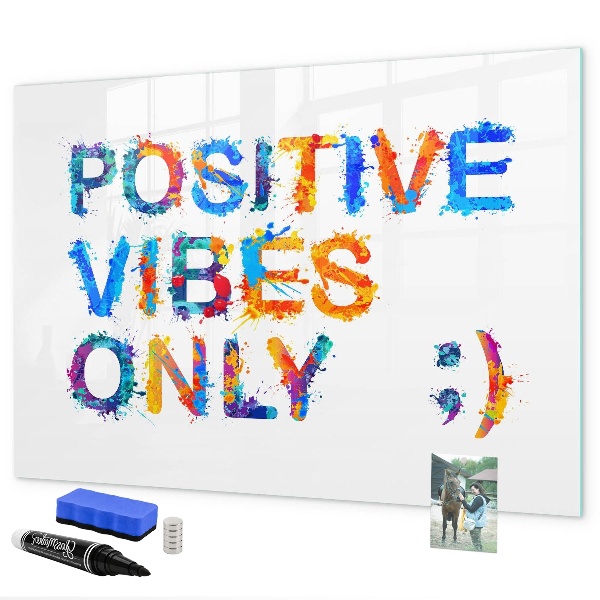 Decoratief glazen wandbord beschrijfbaar en magnetisch Positieve vibes in een kleurrijke stijl.