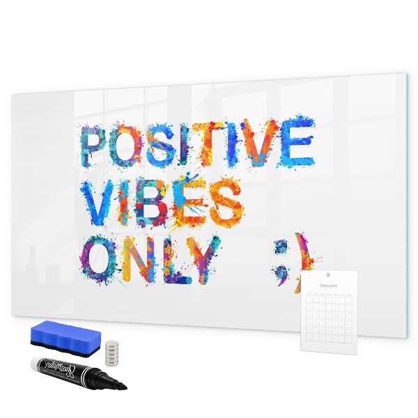 Decoratief glazen wandbord beschrijfbaar en magnetisch Positieve vibes in een kleurrijke stijl.