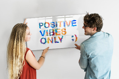 Decoratief glazen wandbord beschrijfbaar en magnetisch Positieve vibes in een kleurrijke stijl.