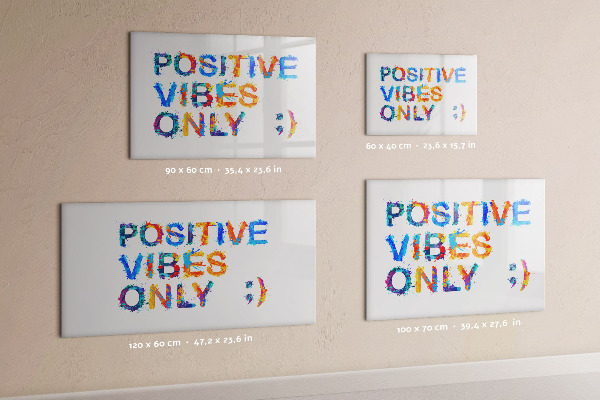 Decoratief glazen wandbord beschrijfbaar en magnetisch Positieve vibes in een kleurrijke stijl.