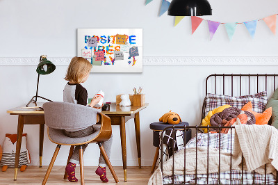 Decoratief glazen wandbord beschrijfbaar en magnetisch Positieve vibes in een kleurrijke stijl.