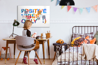 Decoratief glazen wandbord beschrijfbaar en magnetisch Positieve vibes in een kleurrijke stijl.