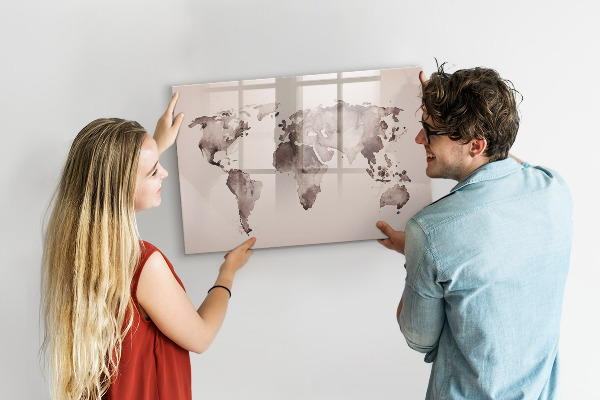 Memobord van glas met print inclusief neodymium magneten Een wereldkaart met persoonlijke herinneringen.