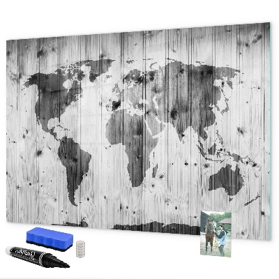 Decoratief glazen wandbord beschrijfbaar en magnetisch Een wereldkaart met persoonlijke herinneringen.