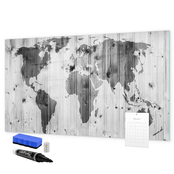 Decoratief glazen wandbord beschrijfbaar en magnetisch Een wereldkaart met persoonlijke herinneringen.