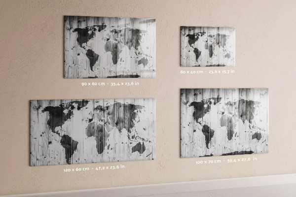 Decoratief glazen wandbord beschrijfbaar en magnetisch Een wereldkaart met persoonlijke herinneringen.