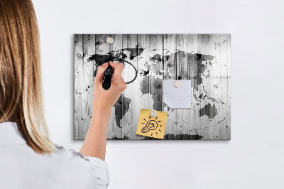 Decoratief glazen wandbord beschrijfbaar en magnetisch Een wereldkaart met persoonlijke herinneringen.