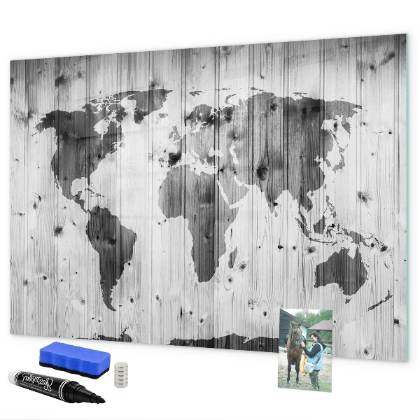Decoratief glazen wandbord beschrijfbaar en magnetisch Een wereldkaart met persoonlijke herinneringen.