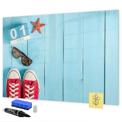 Memobord van glas met print inclusief neodymium magneten Zomerse herinneringen op een blauwe achtergrond