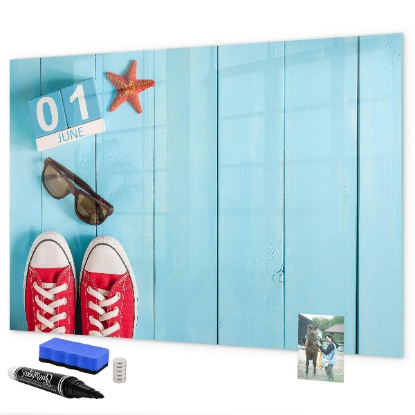 Memobord van glas met print inclusief neodymium magneten Zomerse herinneringen op een blauwe achtergrond