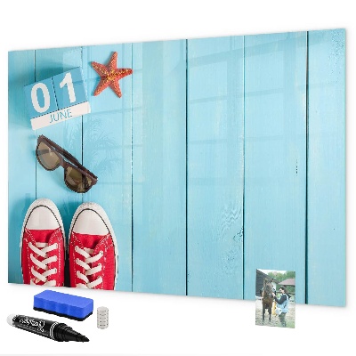 Memobord van glas met print inclusief neodymium magneten Zomerse herinneringen op een blauwe achtergrond