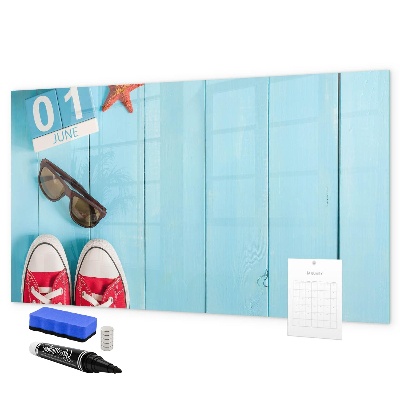 Memobord van glas met print inclusief neodymium magneten Zomerse herinneringen op een blauwe achtergrond