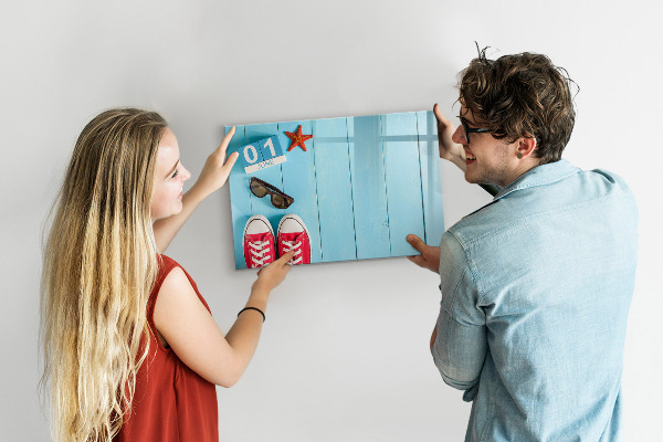 Memobord van glas met print inclusief neodymium magneten Zomerse herinneringen op een blauwe achtergrond