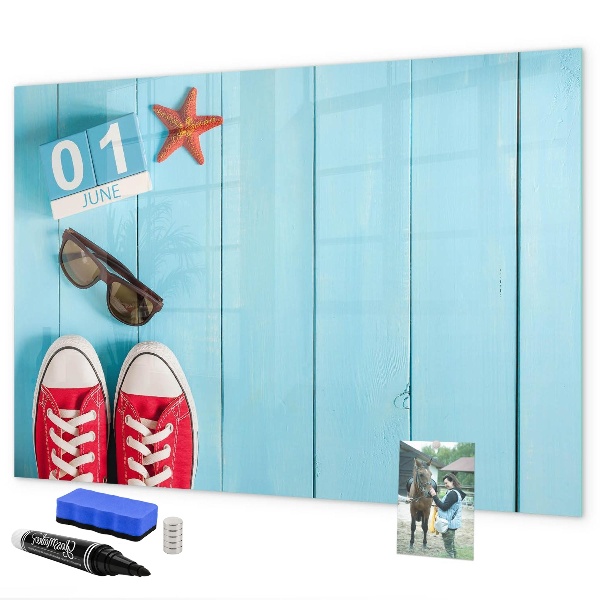 Memobord van glas met print inclusief neodymium magneten Zomerse herinneringen op een blauwe achtergrond