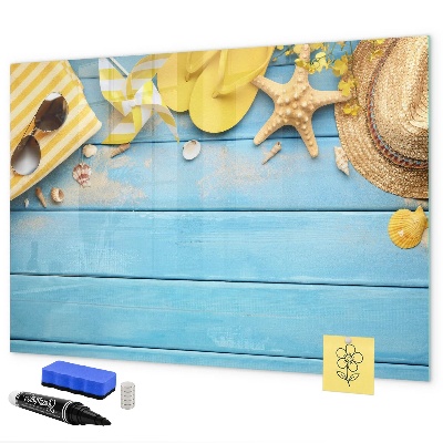 Decoratief glazen wandbord beschrijfbaar en magnetisch Zomerse herinneringen op een blauwe achtergrond