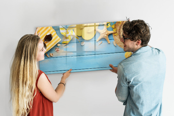 Decoratief glazen wandbord beschrijfbaar en magnetisch Zomerse herinneringen op een blauwe achtergrond