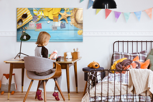 Decoratief glazen wandbord beschrijfbaar en magnetisch Zomerse herinneringen op een blauwe achtergrond