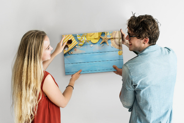 Decoratief glazen wandbord beschrijfbaar en magnetisch Zomerse herinneringen op een blauwe achtergrond