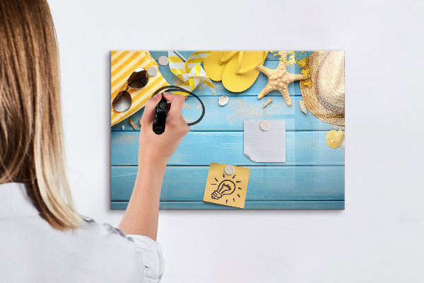 Decoratief glazen wandbord beschrijfbaar en magnetisch Zomerse herinneringen op een blauwe achtergrond