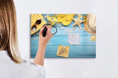 Decoratief glazen wandbord beschrijfbaar en magnetisch Zomerse herinneringen op een blauwe achtergrond