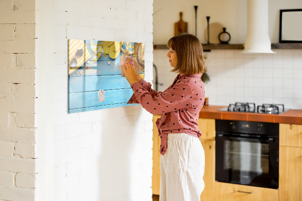 Decoratief glazen wandbord beschrijfbaar en magnetisch Zomerse herinneringen op een blauwe achtergrond