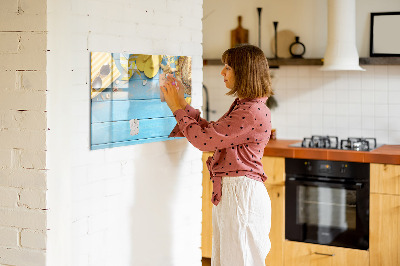 Decoratief glazen wandbord beschrijfbaar en magnetisch Zomerse herinneringen op een blauwe achtergrond