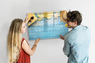 Decoratief glazen wandbord beschrijfbaar en magnetisch Zomerse herinneringen op een blauwe achtergrond