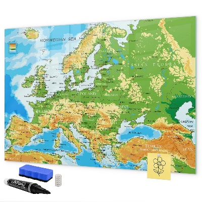 Decoratief glazen wandbord beschrijfbaar en magnetisch Een kaart van Europa voor persoonlijke herinneringen