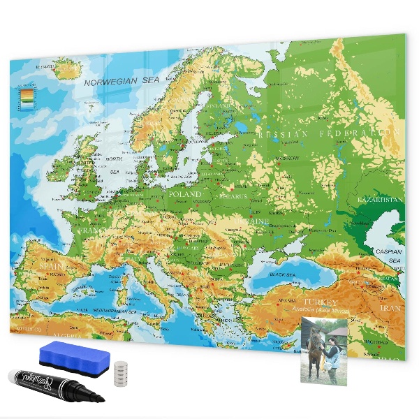 Decoratief glazen wandbord beschrijfbaar en magnetisch Een kaart van Europa voor persoonlijke herinneringen