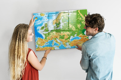 Decoratief glazen wandbord beschrijfbaar en magnetisch Een kaart van Europa voor persoonlijke herinneringen