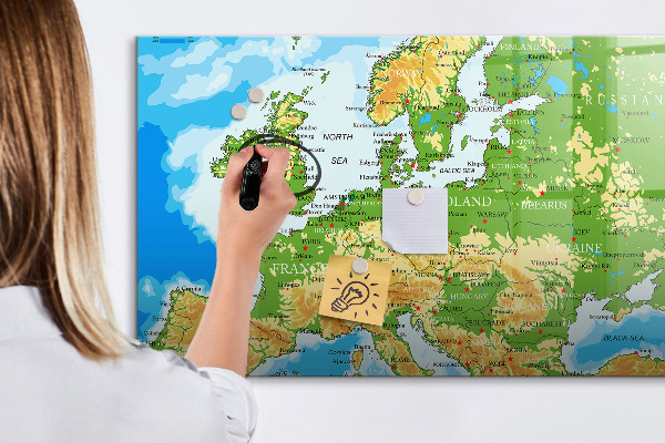 Decoratief glazen wandbord beschrijfbaar en magnetisch Een kaart van Europa voor persoonlijke herinneringen