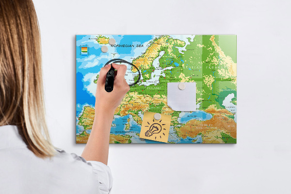 Decoratief glazen wandbord beschrijfbaar en magnetisch Een kaart van Europa voor persoonlijke herinneringen