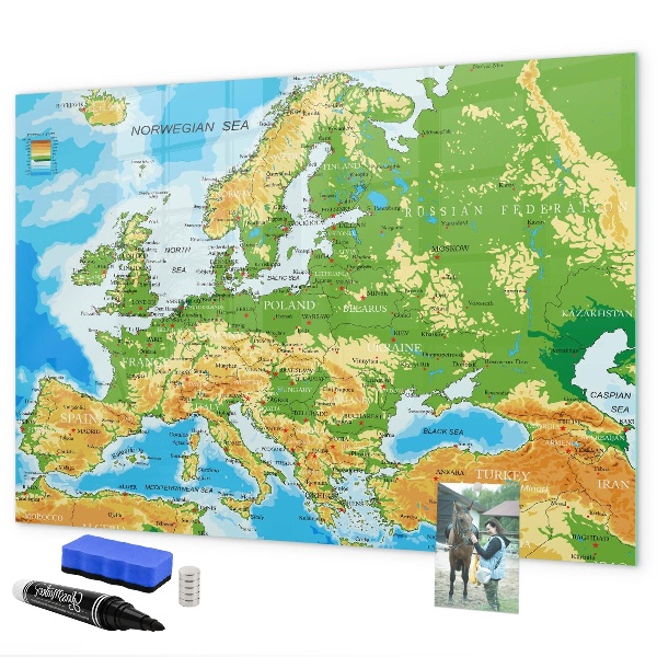 Decoratief glazen wandbord beschrijfbaar en magnetisch Een kaart van Europa voor persoonlijke herinneringen