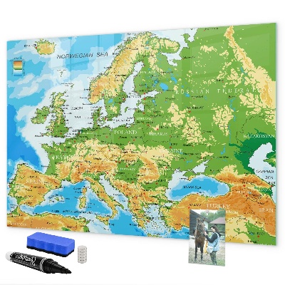 Decoratief glazen wandbord beschrijfbaar en magnetisch Een kaart van Europa voor persoonlijke herinneringen
