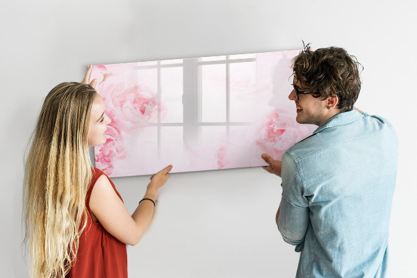 Memobord van glas met print inclusief neodymium magneten Romantische herinneringen op een roze achtergrond