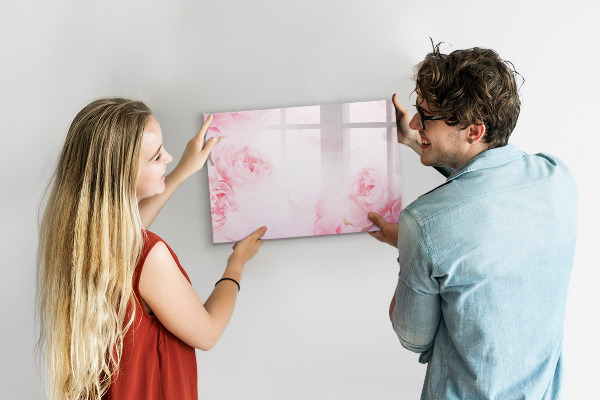 Memobord van glas met print inclusief neodymium magneten Romantische herinneringen op een roze achtergrond