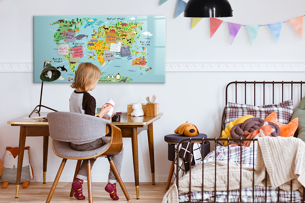Memobord van glas met print inclusief neodymium magneten Wereldkaart met fotolocaties